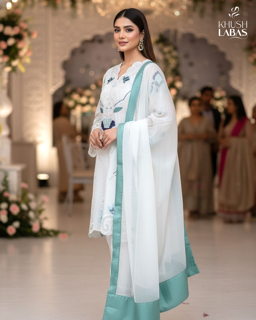 Blue Whisper – White Outfit with Elegant Thread & Cutwork Detailing