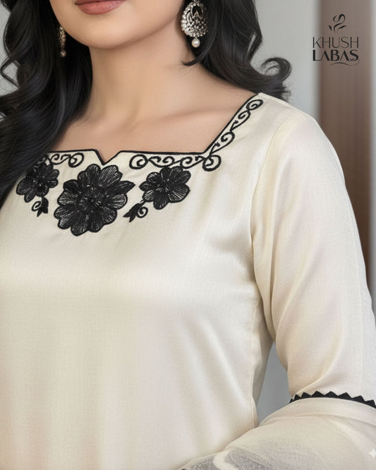 Silver Night – Elegant Black & White Suit with Floral Embroidery