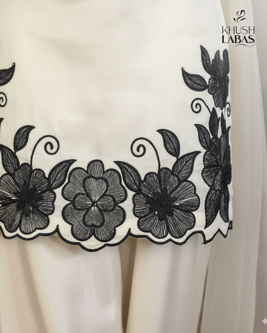 Silver Night – Elegant Black & White Suit with Floral Embroidery