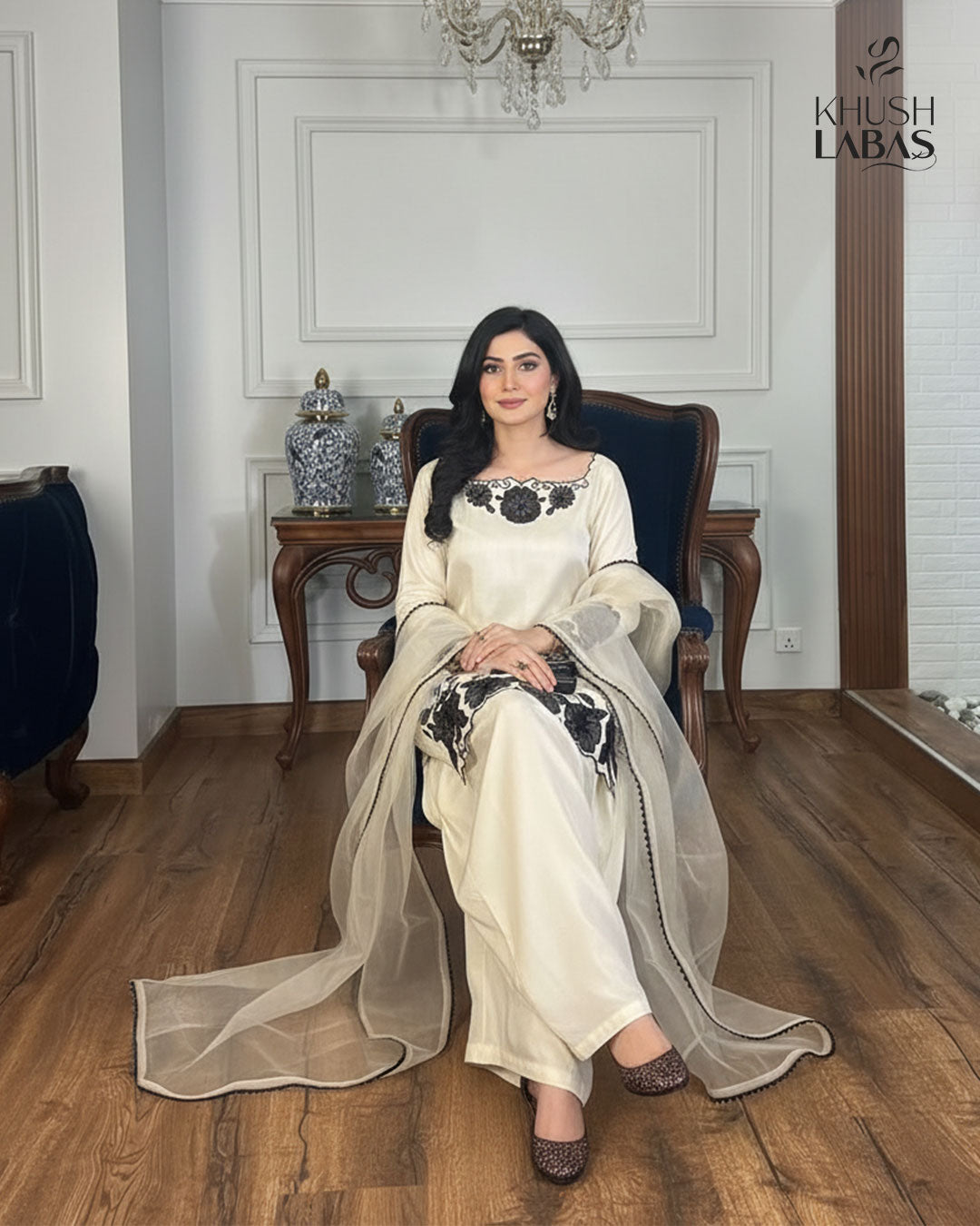 Silver Night – Elegant Black & White Suit with Floral Embroidery