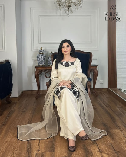 Silver Night – Elegant Black & White Suit with Floral Embroidery