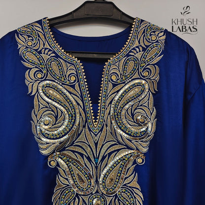 Silken Glimmer - Phairan style peacock blue silk with silver embroidery