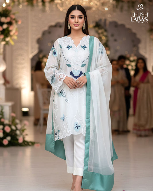 Blue Whisper – White Outfit with Elegant Thread & Cutwork Detailing