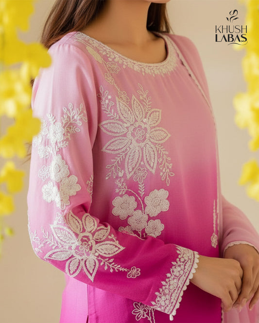Waves of Pink – Elegant Ombre Dress with Silver Embroidery