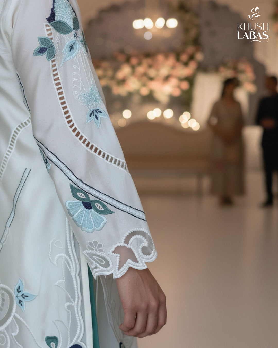 Blue Whisper – White Outfit with Elegant Thread & Cutwork Detailing