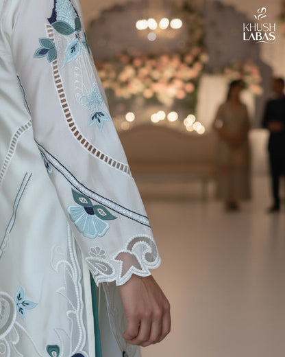 Blue Whisper – White Outfit with Elegant Thread & Cutwork Detailing