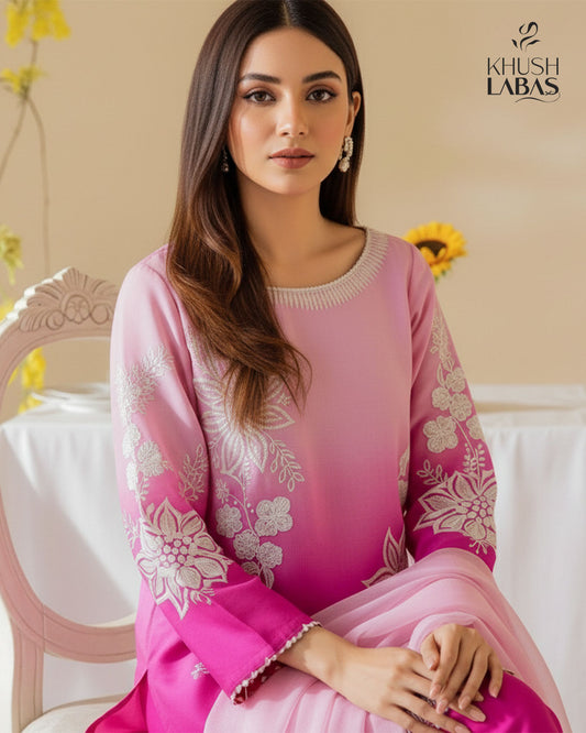 Waves of Pink – Elegant Ombre Dress with Silver Embroidery