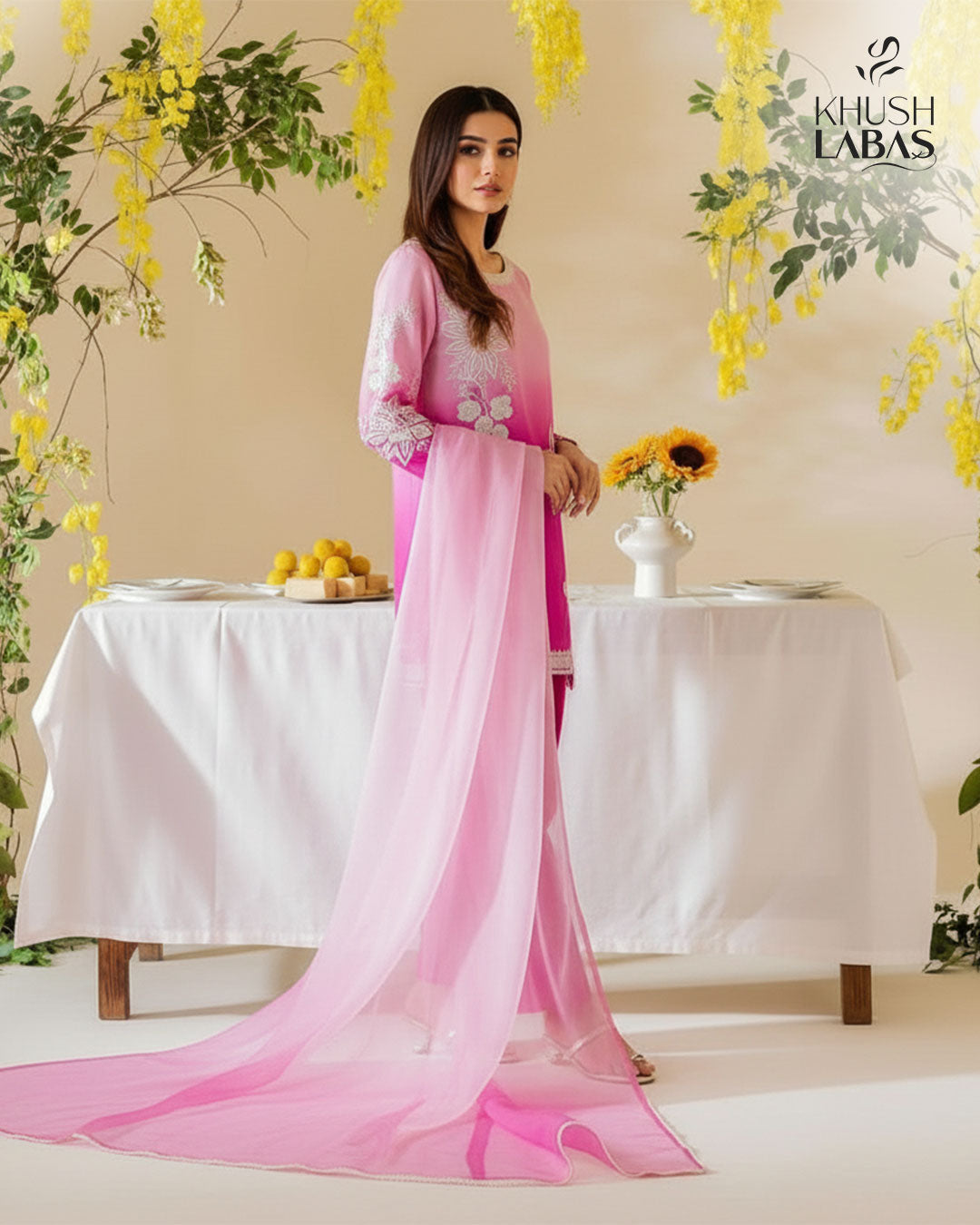 Waves of Pink – Elegant Ombre Dress with Silver Embroidery