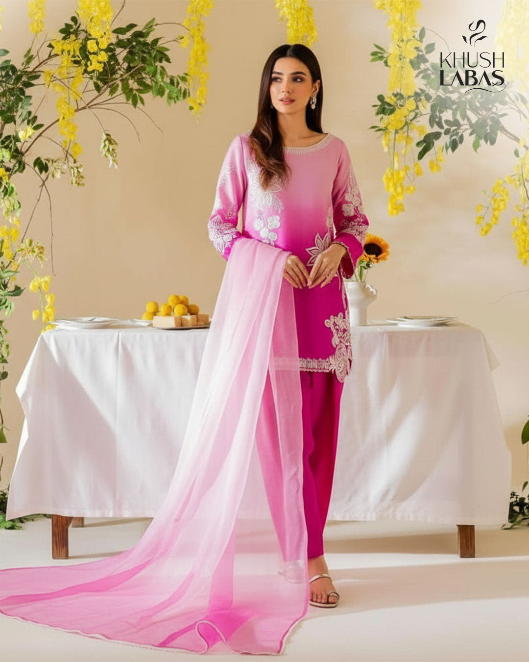 Waves of Pink – Elegant Ombre Dress with Silver Embroidery