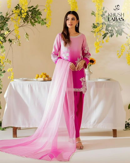 Waves of Pink – Elegant Ombre Dress with Silver Embroidery