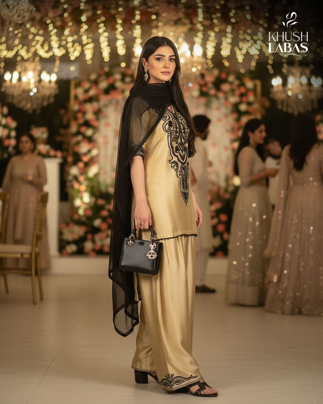 Golden Aura – Elegant Gold Outfit with Black Embroidery