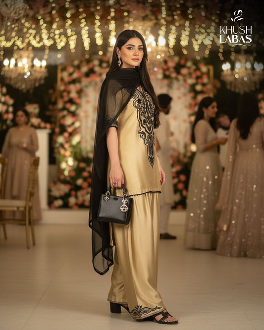 Golden Aura – Elegant Gold Outfit with Black Embroidery