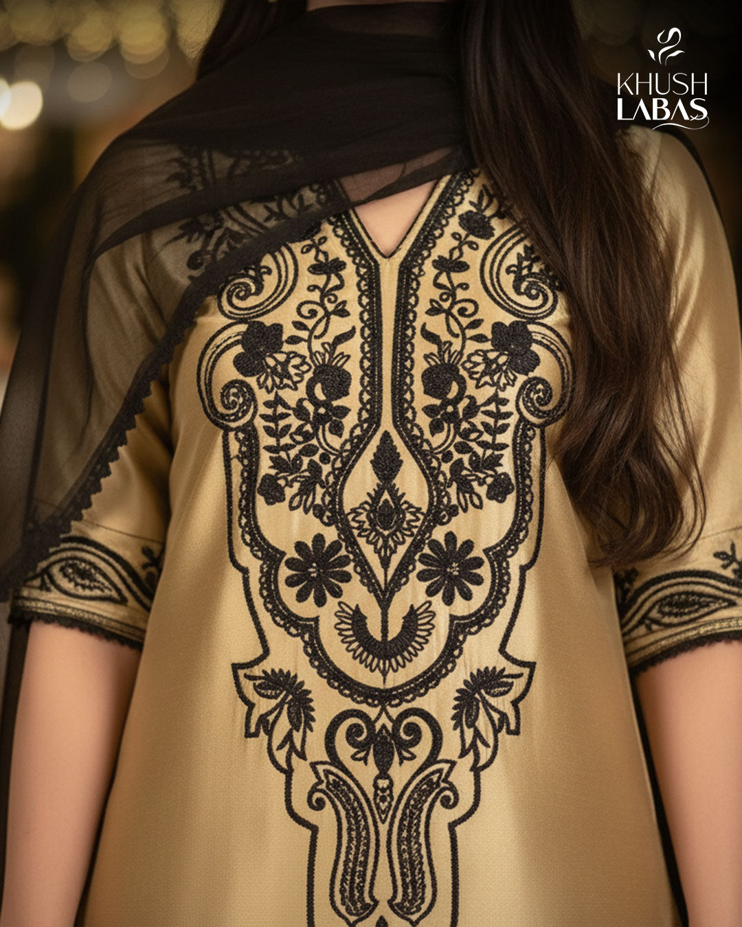 Golden Aura – Elegant Gold Outfit with Black Embroidery