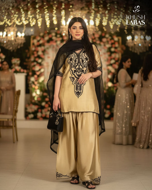 Golden Aura – Elegant Gold Outfit with Black Embroidery