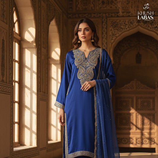 Silken Glimmer - Phairan style peacock blue silk with silver embroidery
