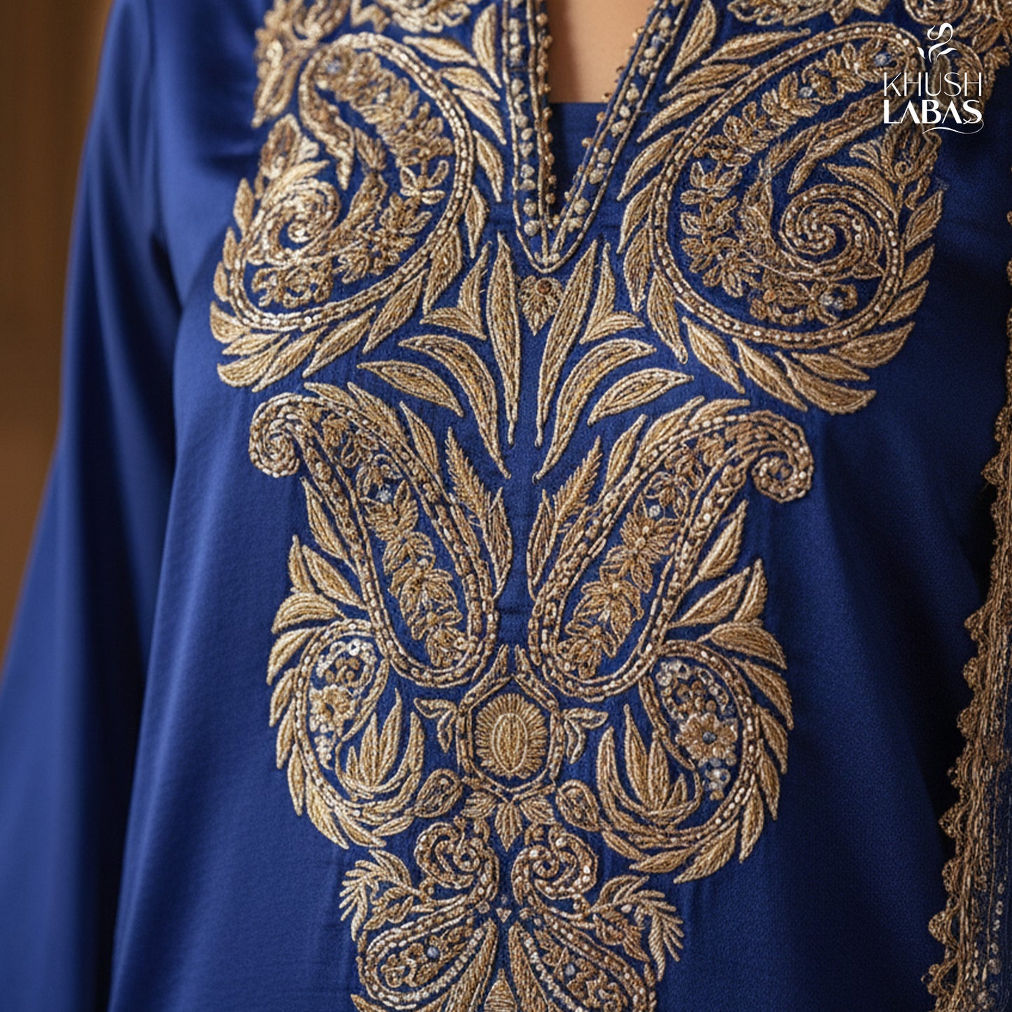 Silken Glimmer - Phairan style peacock blue silk with silver embroidery