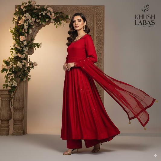 Royal Grace - Red silk with bronze gold embroidery (loose trousers + organza dupatta)