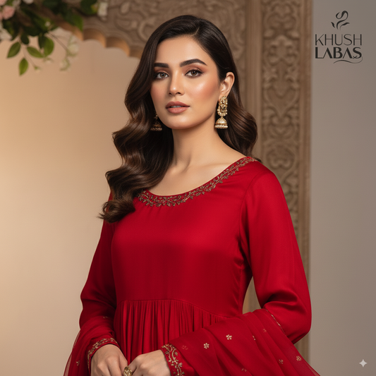 Royal Grace - Red silk with bronze gold embroidery (loose trousers + organza dupatta)